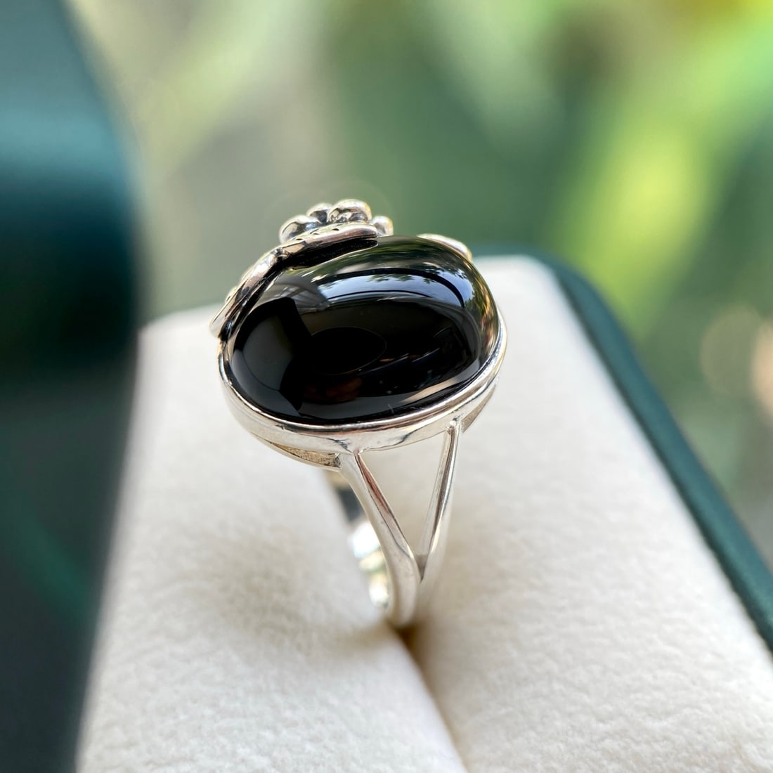 S925 Silver Natural Black Agate Ring - 5