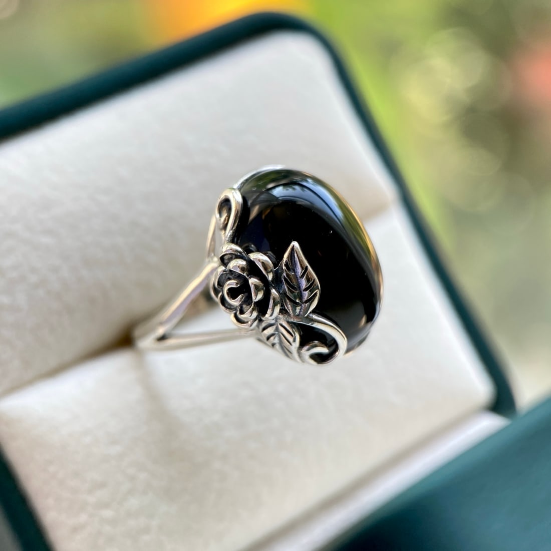S925 Silver Natural Black Agate Ring - 6