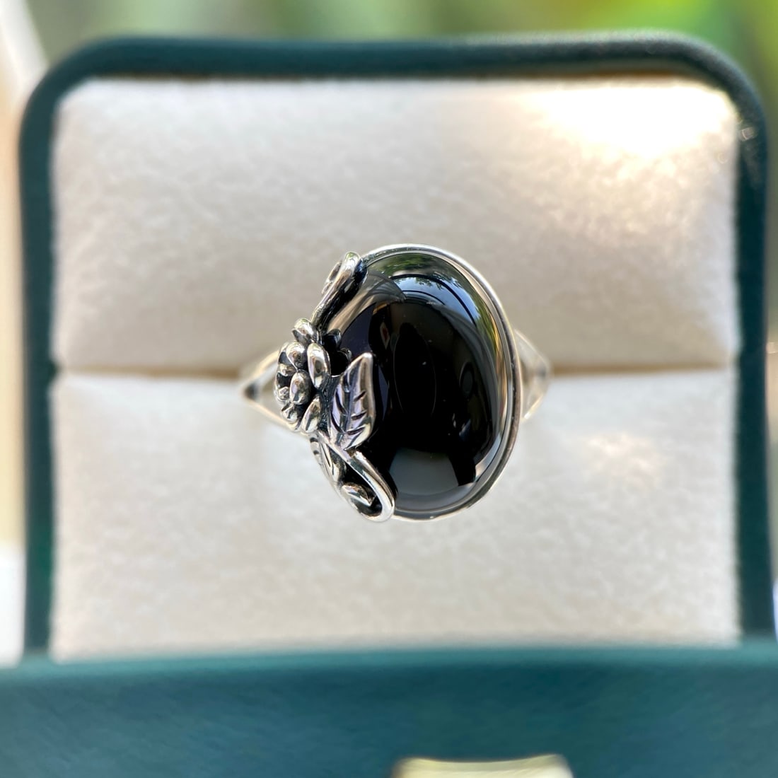 S925 Silver Natural Black Agate Ring - 7