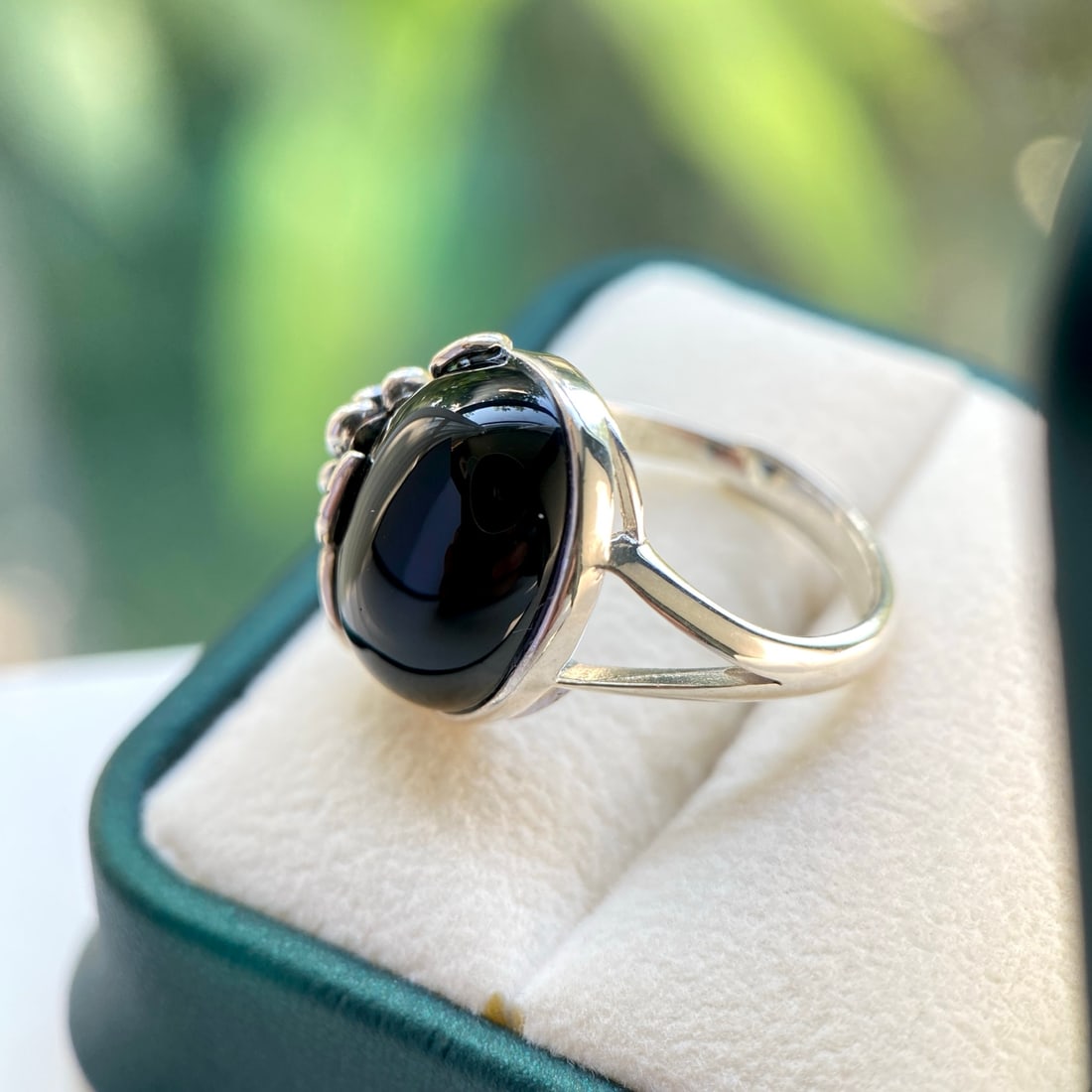 S925 Silver Natural Black Agate Ring - 8