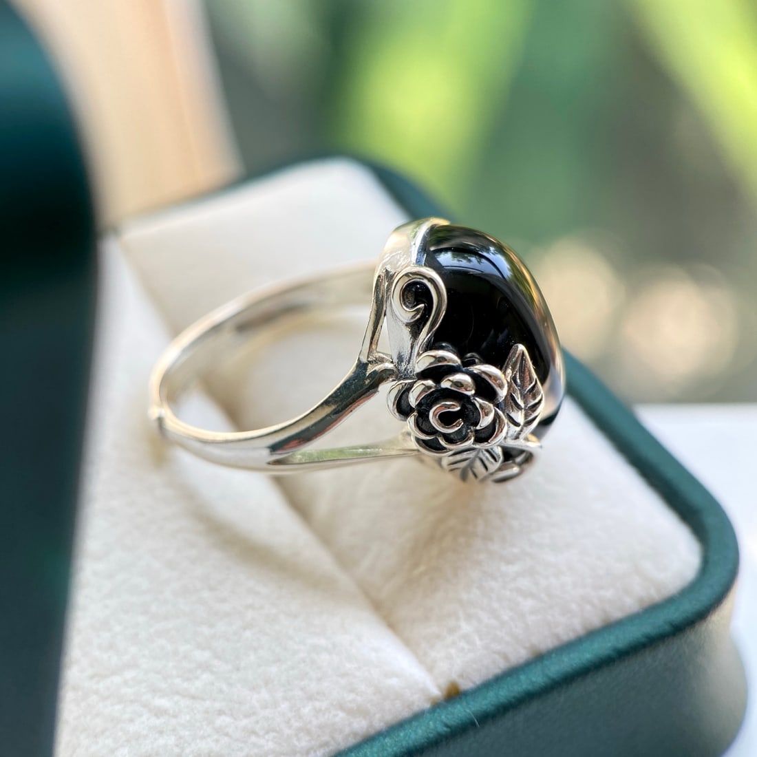 S925 Silver Natural Black Agate Ring - 9