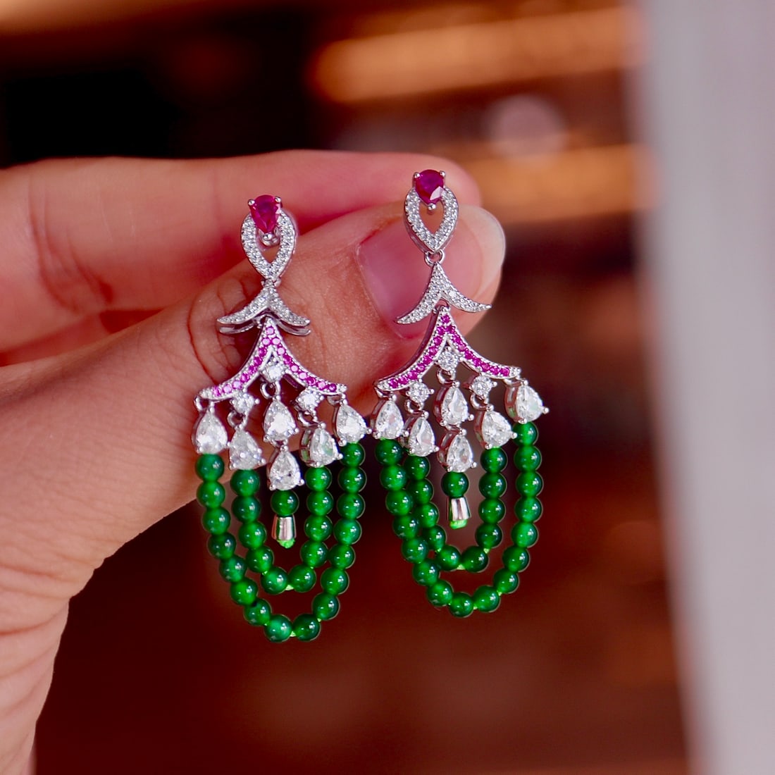 Sterling Silver Natural Jade Earrings - 7