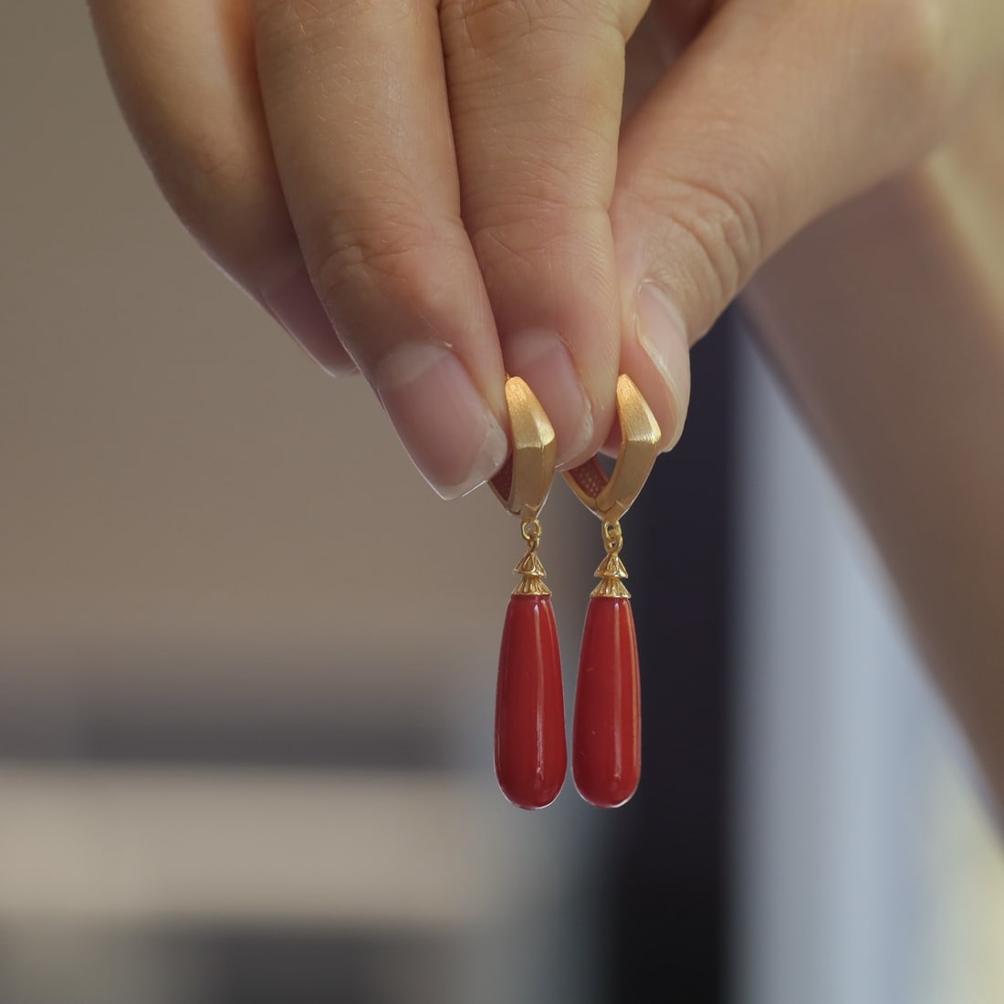 S925 Silver Natural Red Coral Earrings - 7