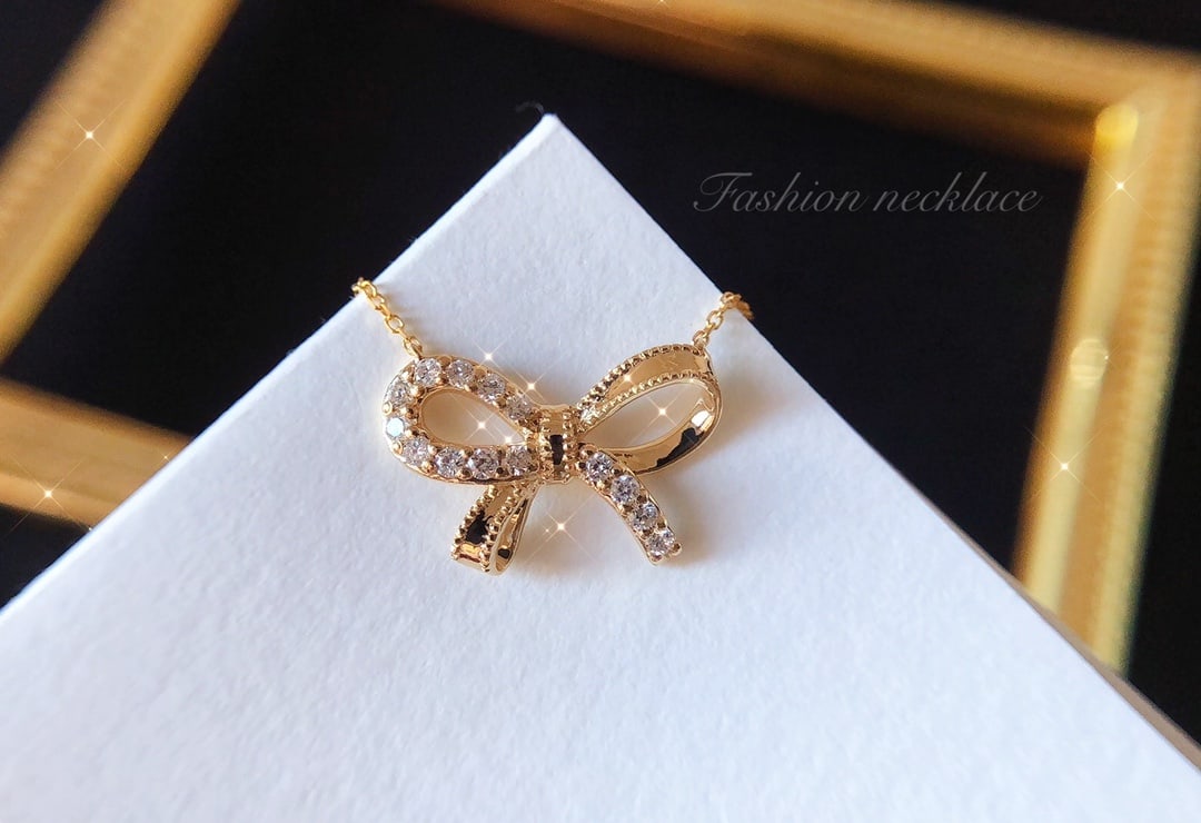18K Gold Diamond Bow Necklace - 2