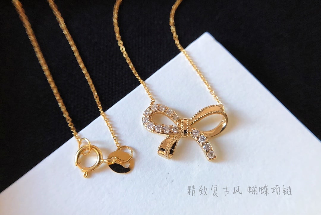 18K Gold Diamond Bow Necklace - 4