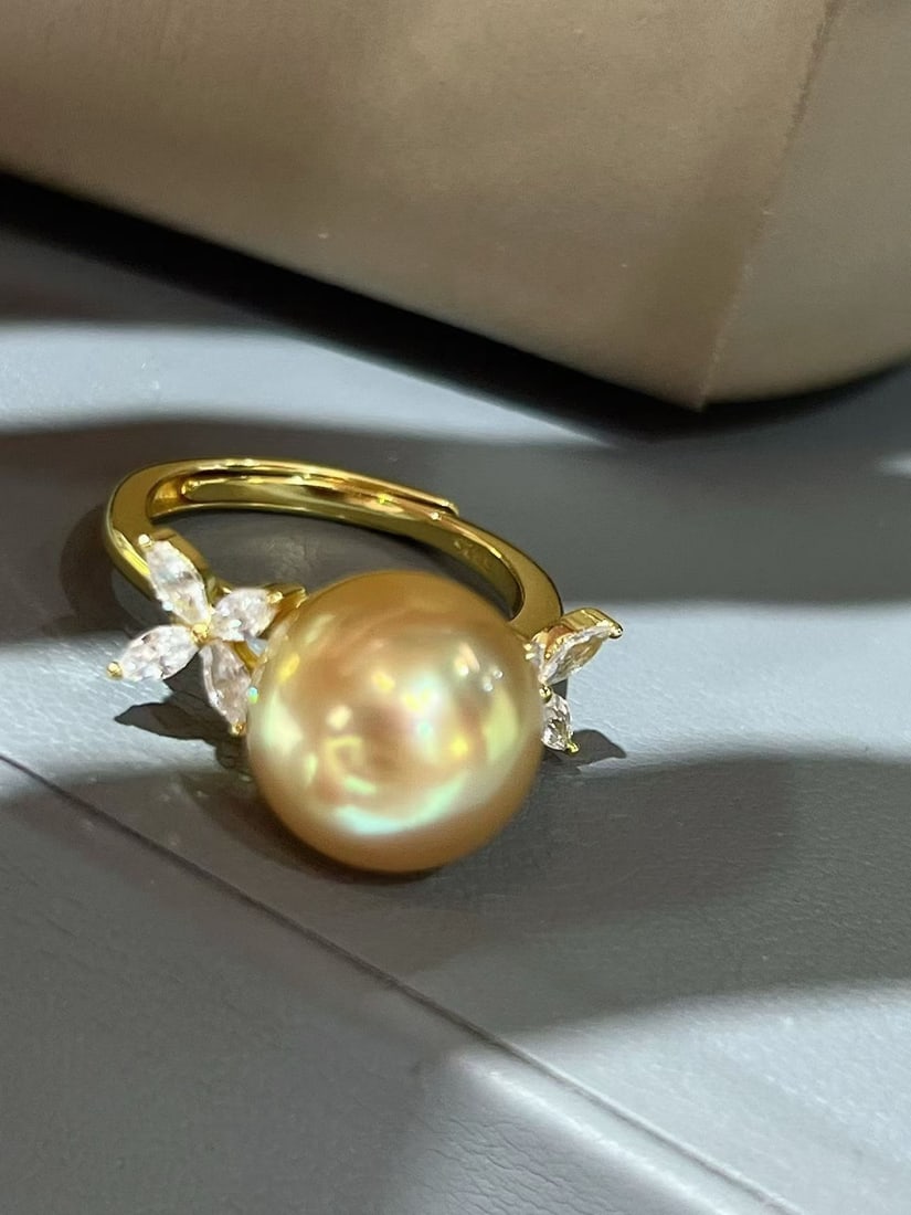 Silver Natural Seawater Golden Pearl Ring - 3