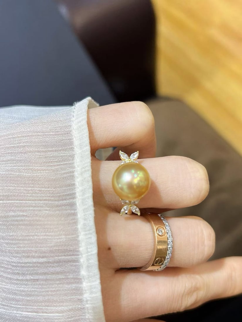 Silver Natural Seawater Golden Pearl Ring - 4