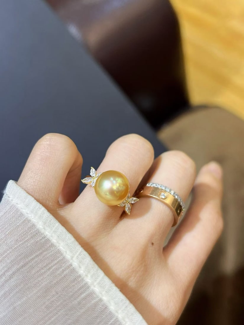 Silver Natural Seawater Golden Pearl Ring - 5