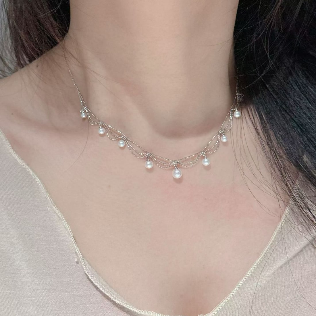 Thick Silver K Gold Texture Freshwater Pearl Necklace - 4