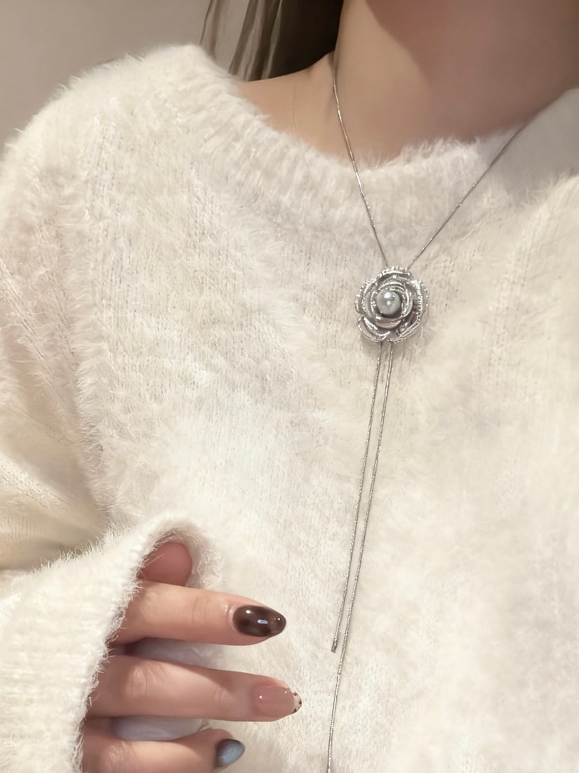 Antique Silver Natural Seawater Pearl Sweater Necklace - 4