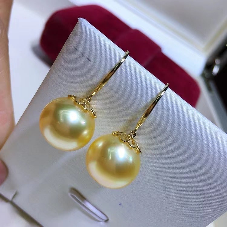 18K Gold Natural South Sea Golden Pearl Earrings - 4