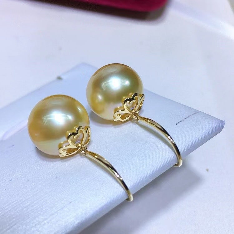 18K Gold Natural South Sea Golden Pearl Earrings - 5
