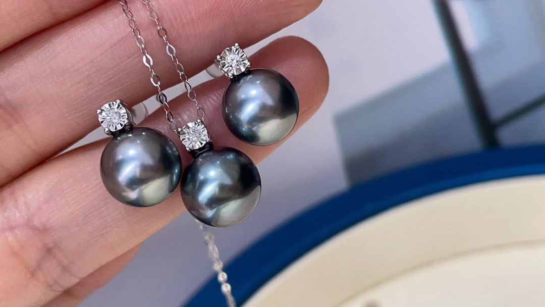 18K Gold Natural Tahitian Black Pearl Set - 5