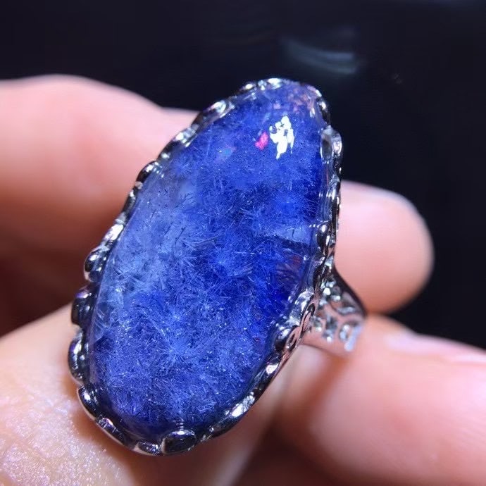 925 Silver Natural Blue Rutilated Quartz Ring - 7