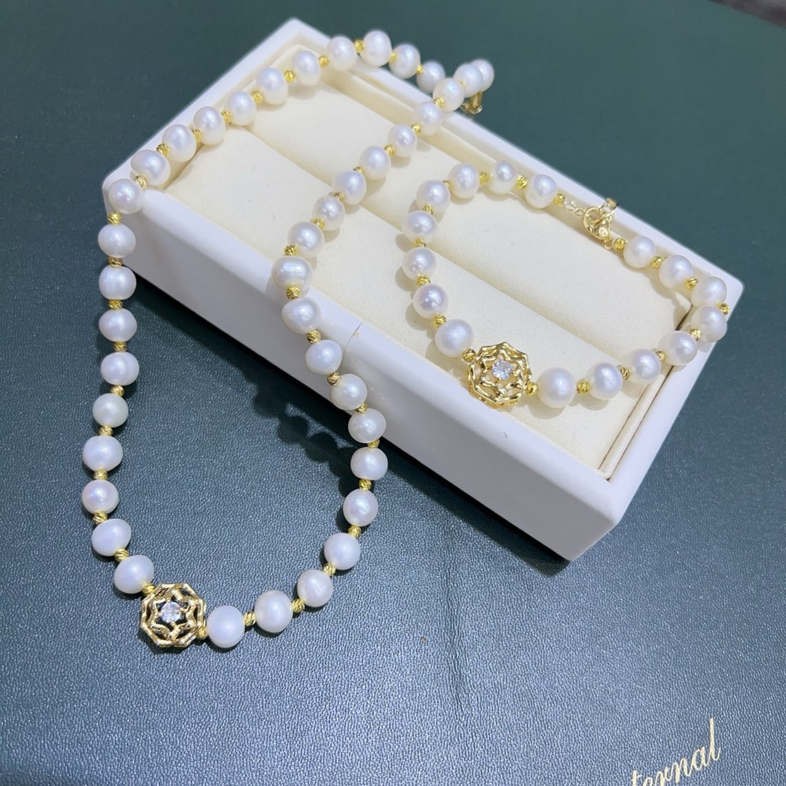 18K Gold Plated Natural Freshwater White Pearl Necklace and Bracelet - 2