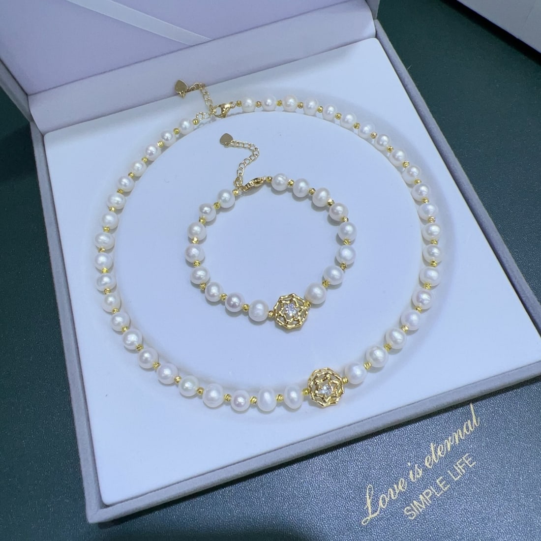 18K Gold Plated Natural Freshwater White Pearl Necklace and Bracelet - 3