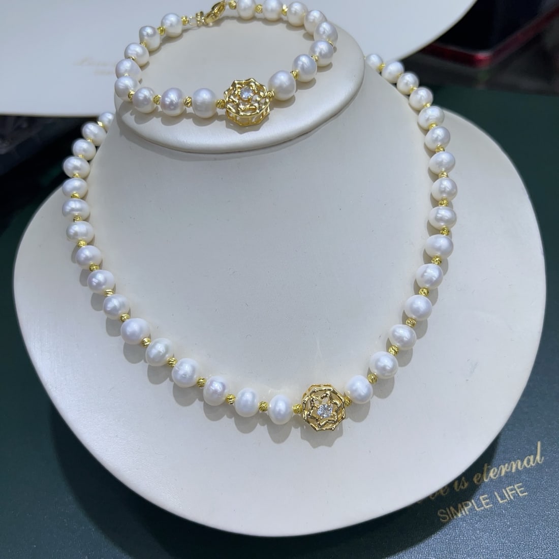 18K Gold Plated Natural Freshwater White Pearl Necklace and Bracelet - 5