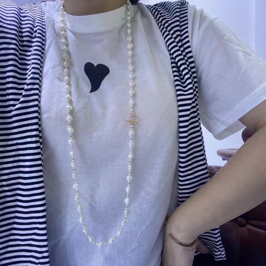 Natural Freshwater Baroque Pearl Sweater Necklace - 5