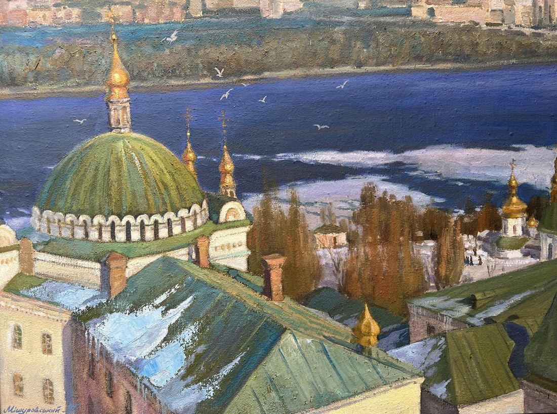 Oil painting It's March in the city V. Mishurovsky: Title: Oil painting It's March in the city V. Mishurovsky Description: No.293"It's March in the City" by Viktor Myshurovsky captures a serene and reflective moment as winter transitions into spring. T