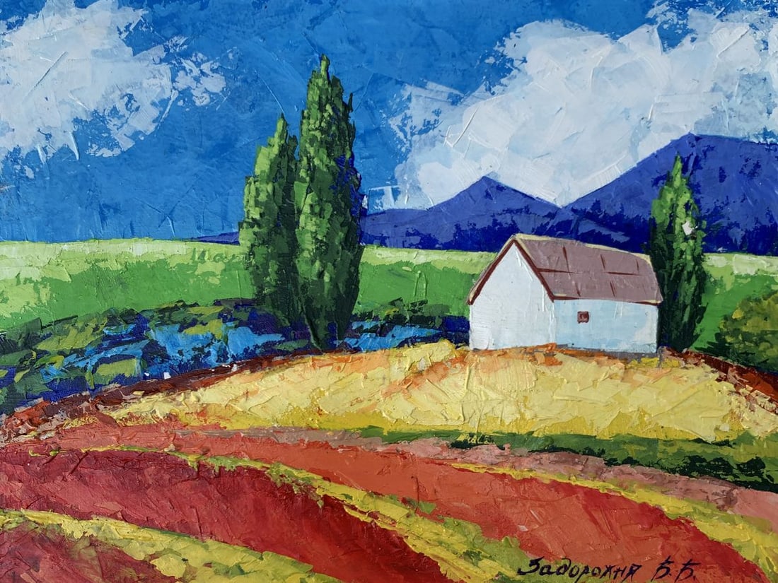 Oil painting House in the mountains V. Zadorozhnya: Title: Oil painting House in the mountains V. Zadorozhnya Description: No.AAA3480The painting titled "House in the Mountains" is a vibrant and serene depiction of rural life, rendered in oil on cardbo