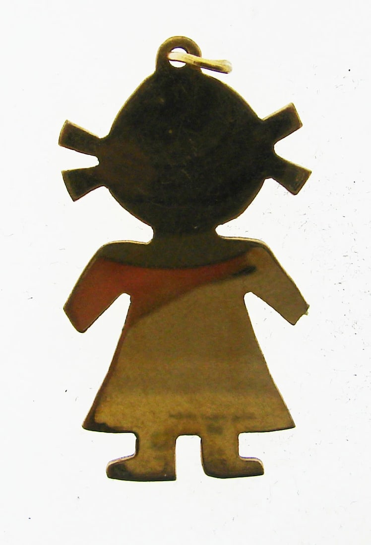 CUTE 12k Yellow Gold Girl Charm/Pendant!: Title: CUTE 12k Yellow Gold Girl Charm/Pendant! Description: 12k Yellow Gold Girl Charm! This wonderful item is one of a kind! The weight is 3 grams. The height with bail is 1 5/8 inches. The length i