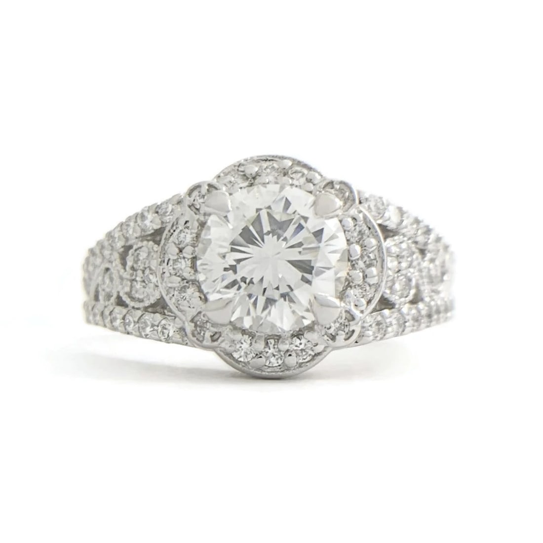 EGL Round Scalloped Halo Filigree Diamond Engagement Ring 14K White Gold 1.54 TW (1 of 12)