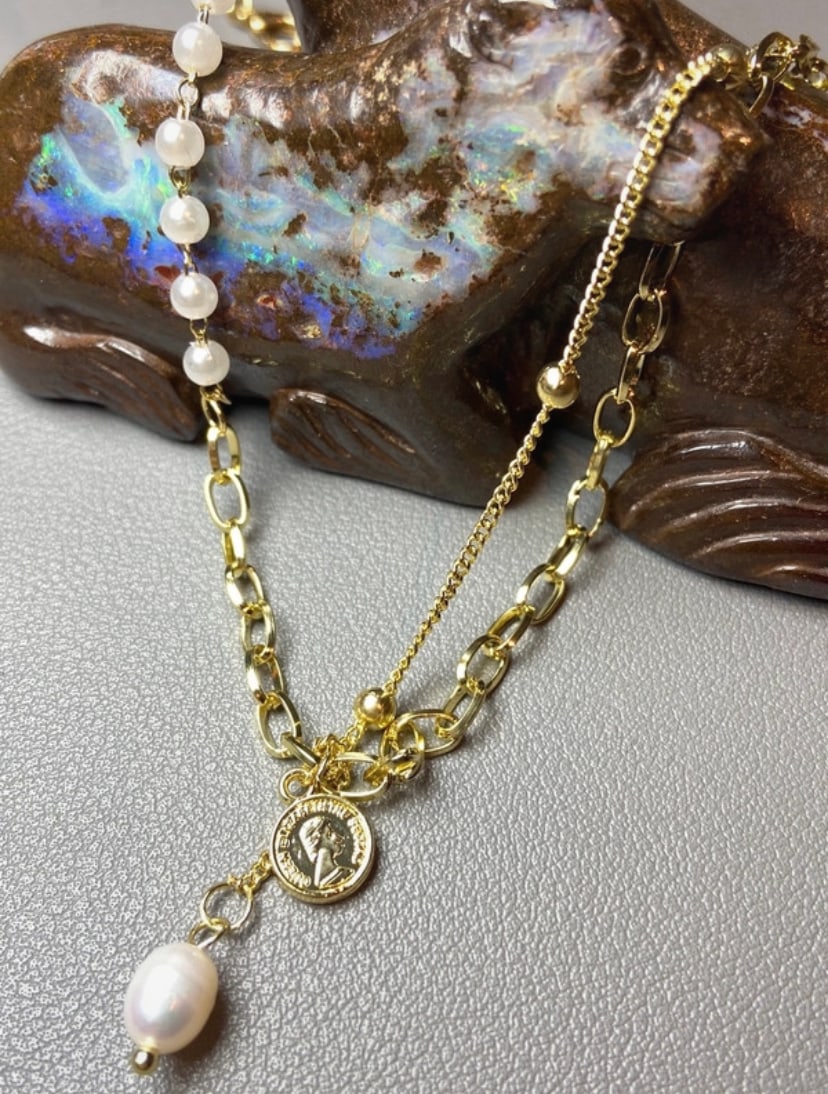 Fresh water pearl pendant 18k gold plated Belcher link chain pearl chain beads chain necklace - 2