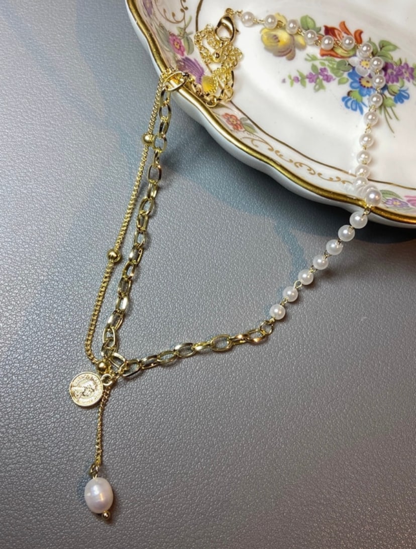 Fresh water pearl pendant 18k gold plated Belcher link chain pearl chain beads chain necklace - 4