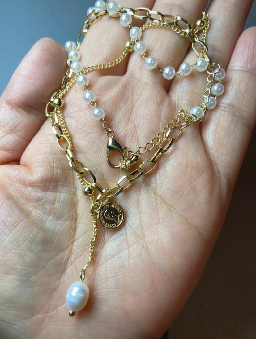 Fresh water pearl pendant 18k gold plated Belcher link chain pearl chain beads chain necklace - 5