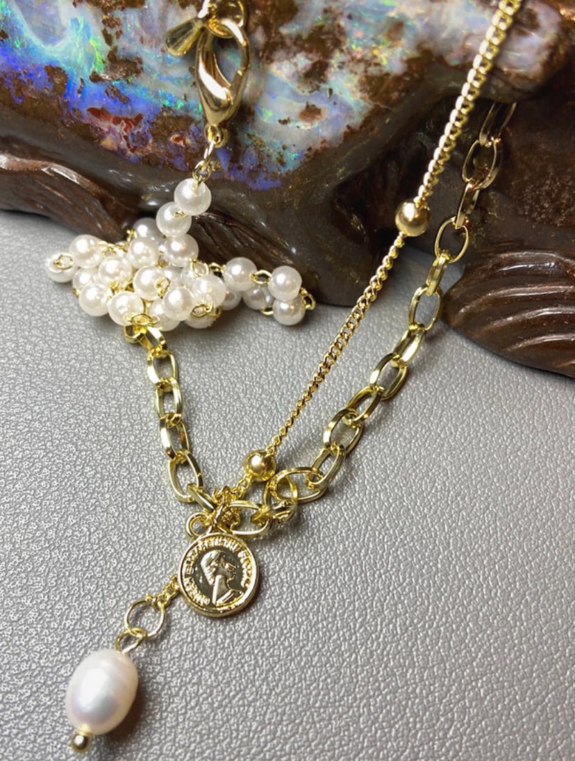 Fresh water pearl pendant 18k gold plated Belcher link chain pearl chain beads chain necklace - 9