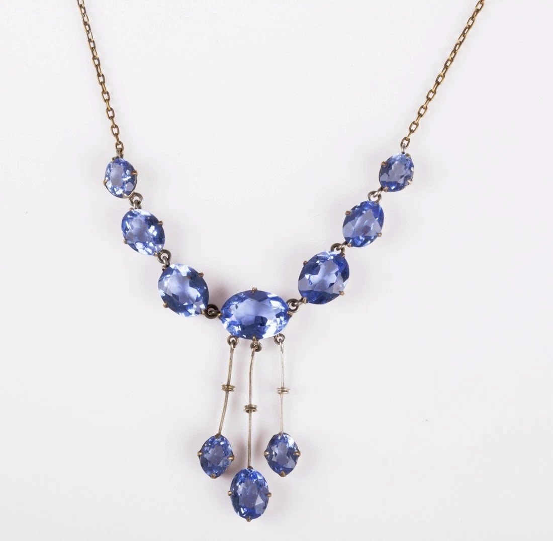 Art Deco Brass and Blue Paste Drop Necklace - 2