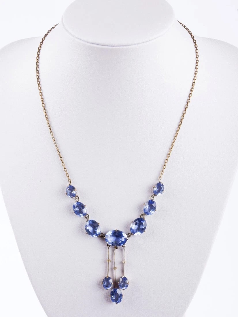Art Deco Brass and Blue Paste Drop Necklace - 3