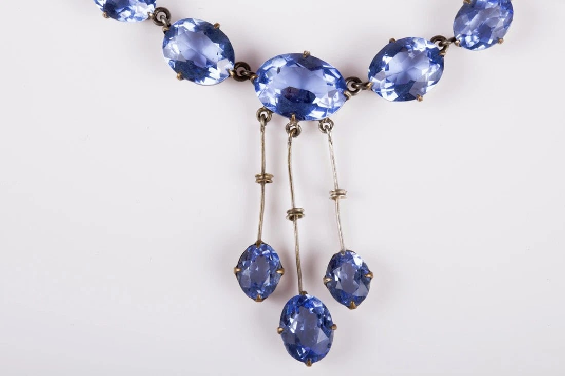 Art Deco Brass and Blue Paste Drop Necklace - 4