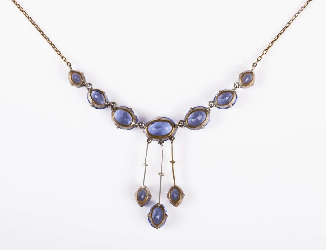Art Deco Brass and Blue Paste Drop Necklace - 5
