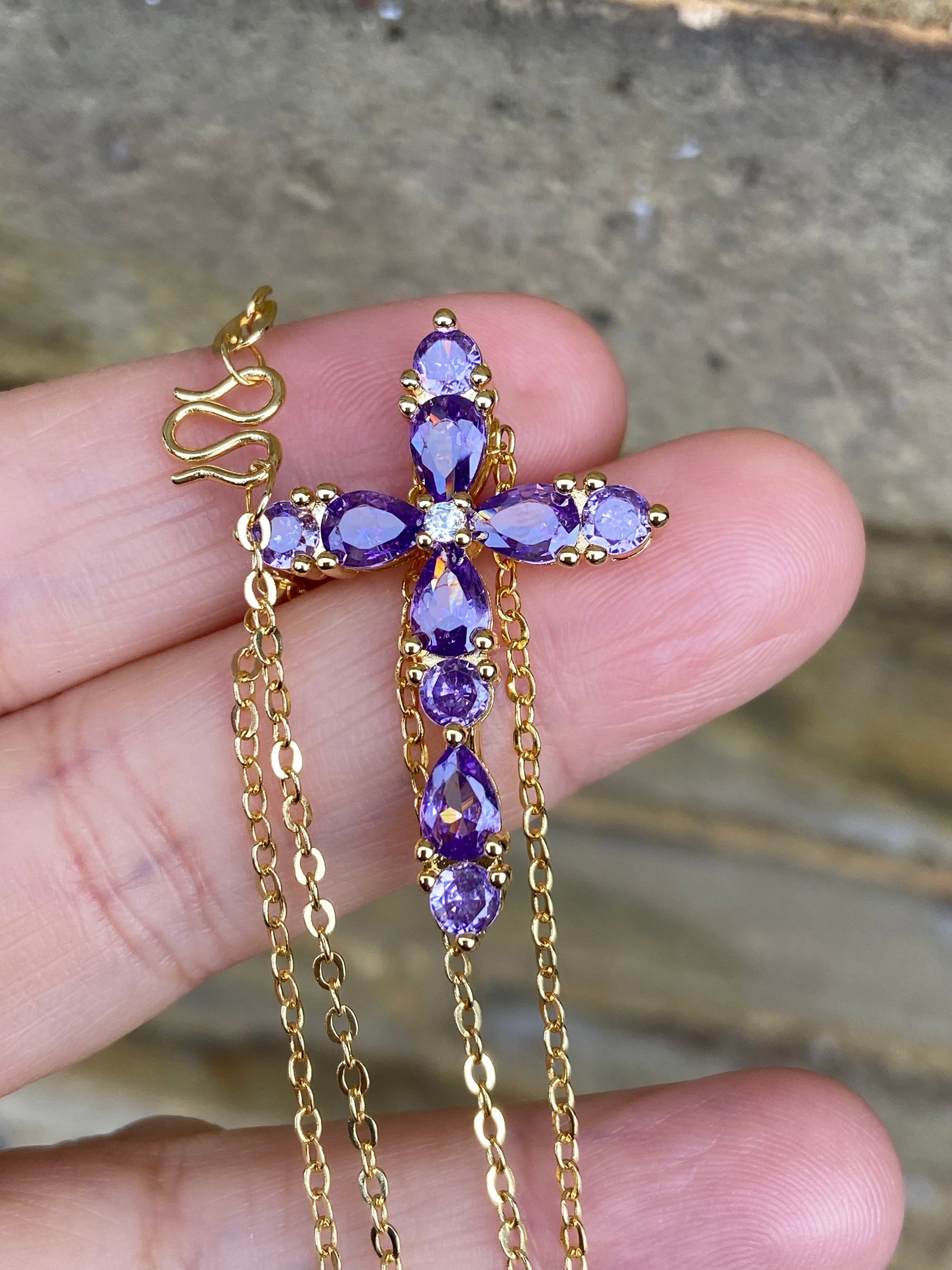 18K Gold Plated Amethyst Cross Pendant Necklace Moissanite Center - 4
