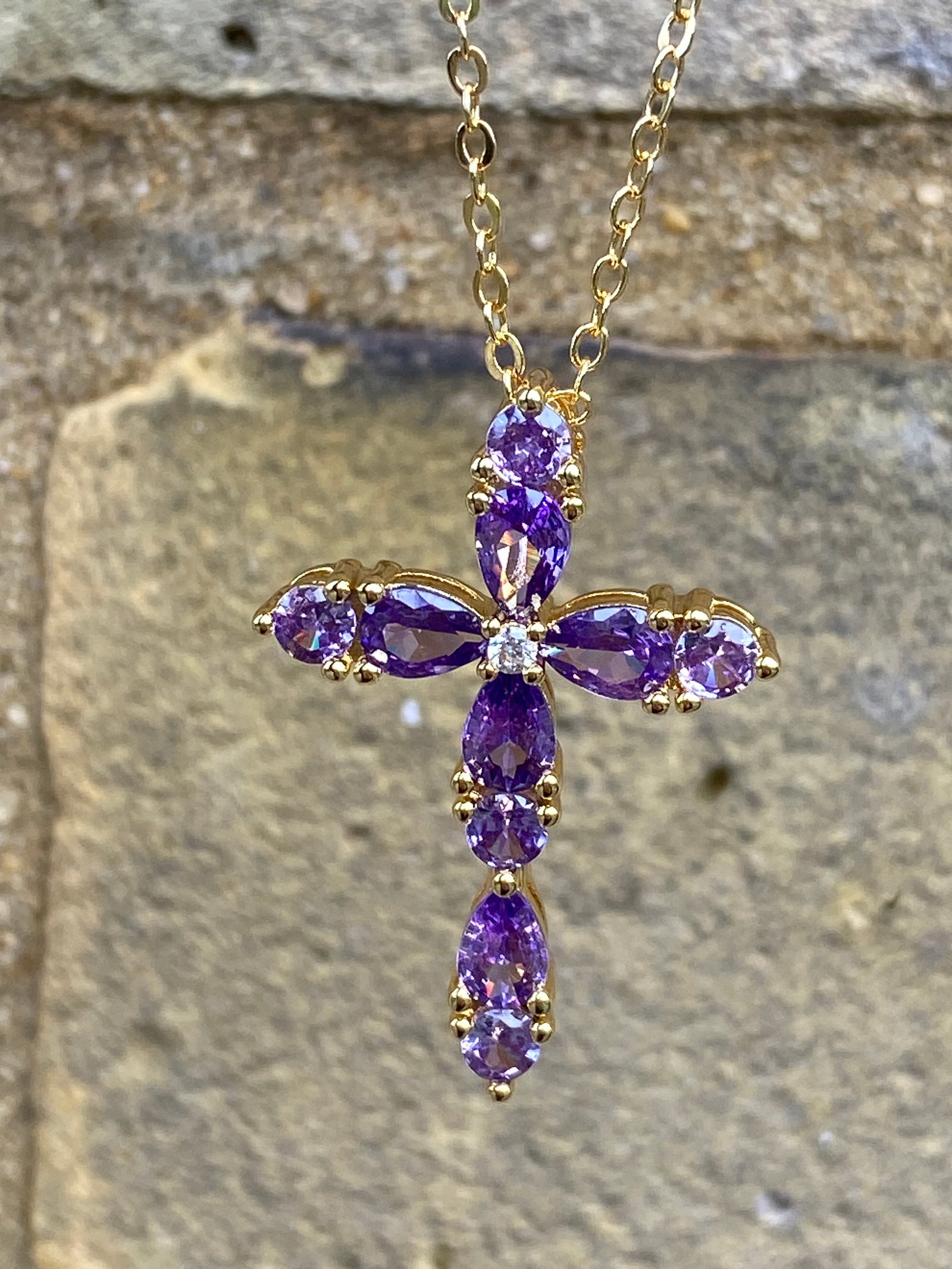 18K Gold Plated Amethyst Cross Pendant Necklace Moissanite Center - 5