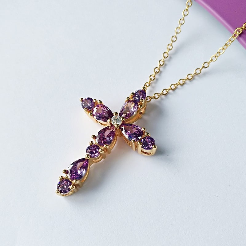 18K Gold Plated Amethyst Cross Pendant Necklace Moissanite Center - 6