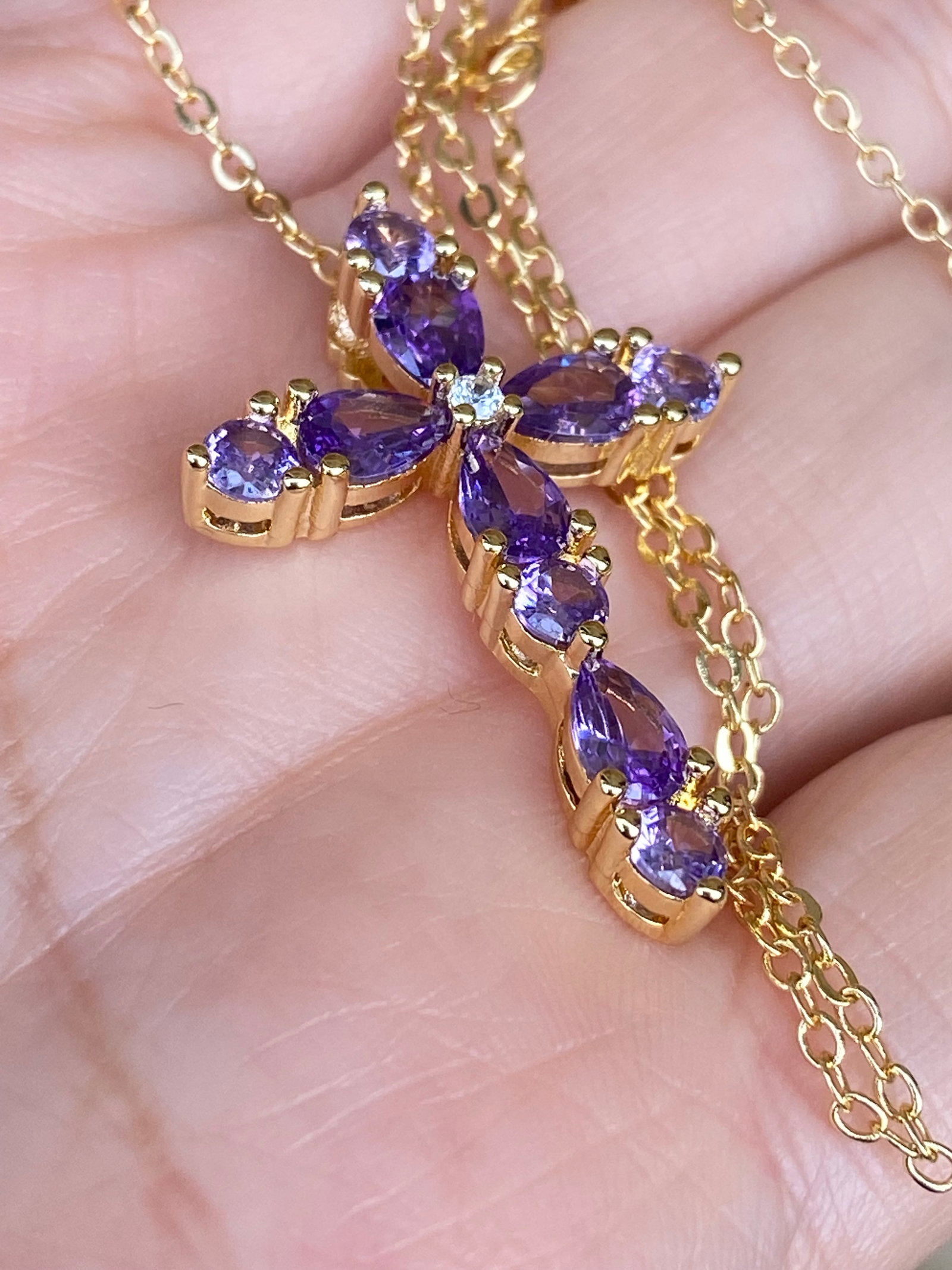 18K Gold Plated Amethyst Cross Pendant Necklace Moissanite Center - 7