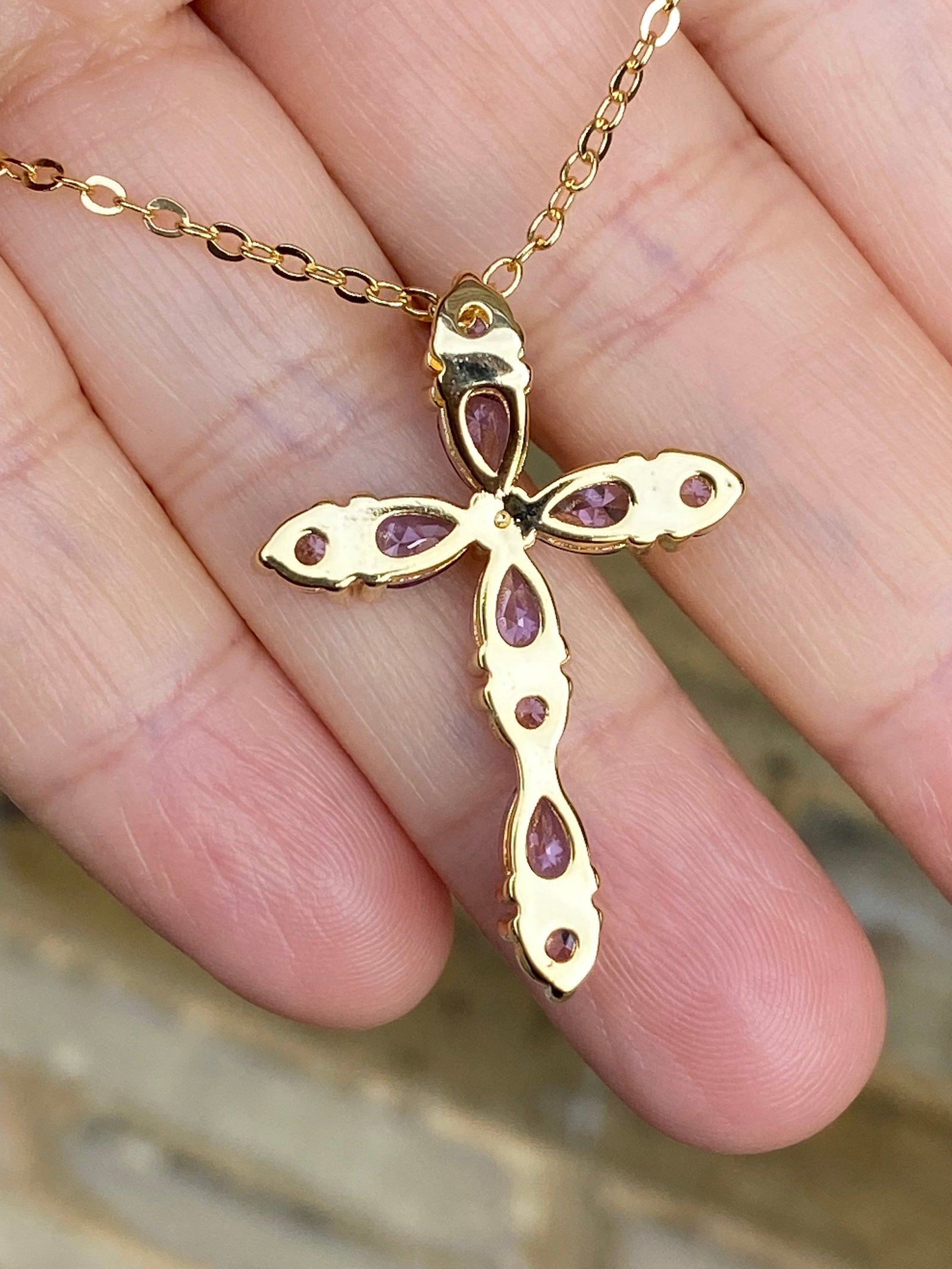 18K Gold Plated Amethyst Cross Pendant Necklace Moissanite Center - 8