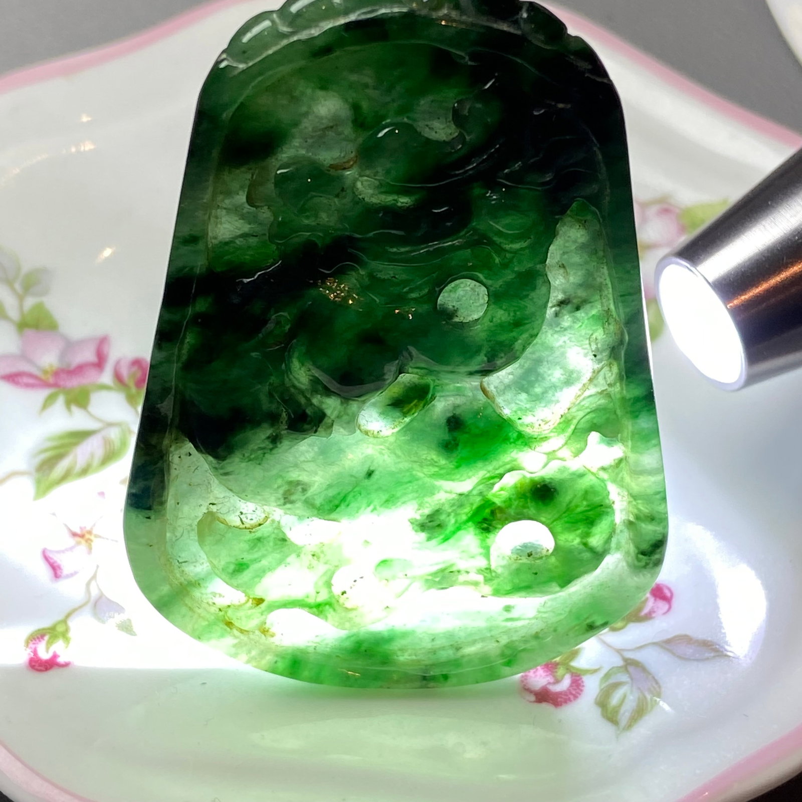 Antique Chinese Natural Dark Green Jadeite Jade Pendant carved ancient dragon - 14