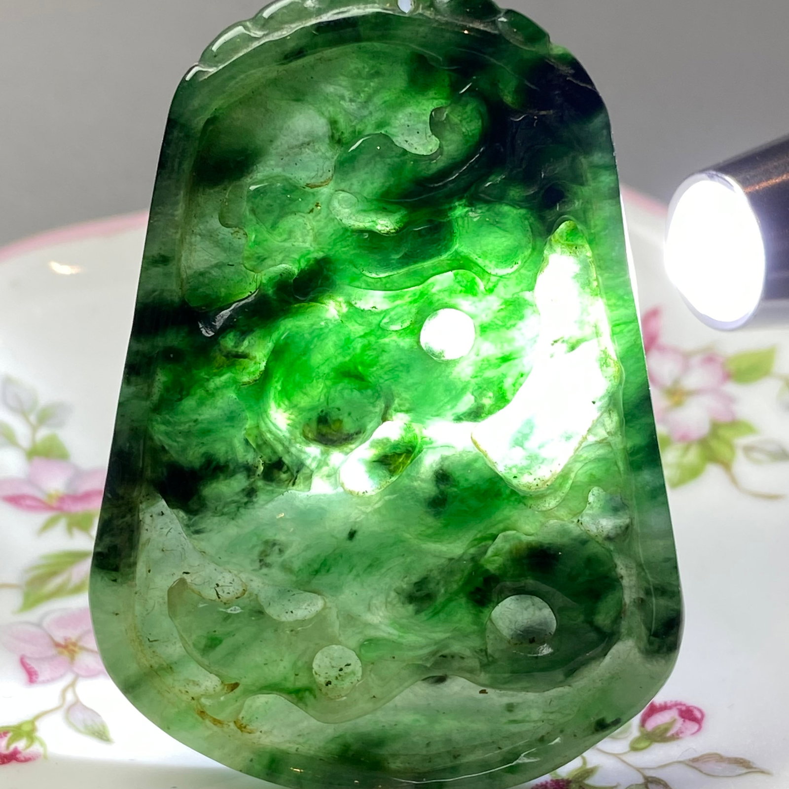 Antique Chinese Natural Dark Green Jadeite Jade Pendant carved ancient dragon - 3