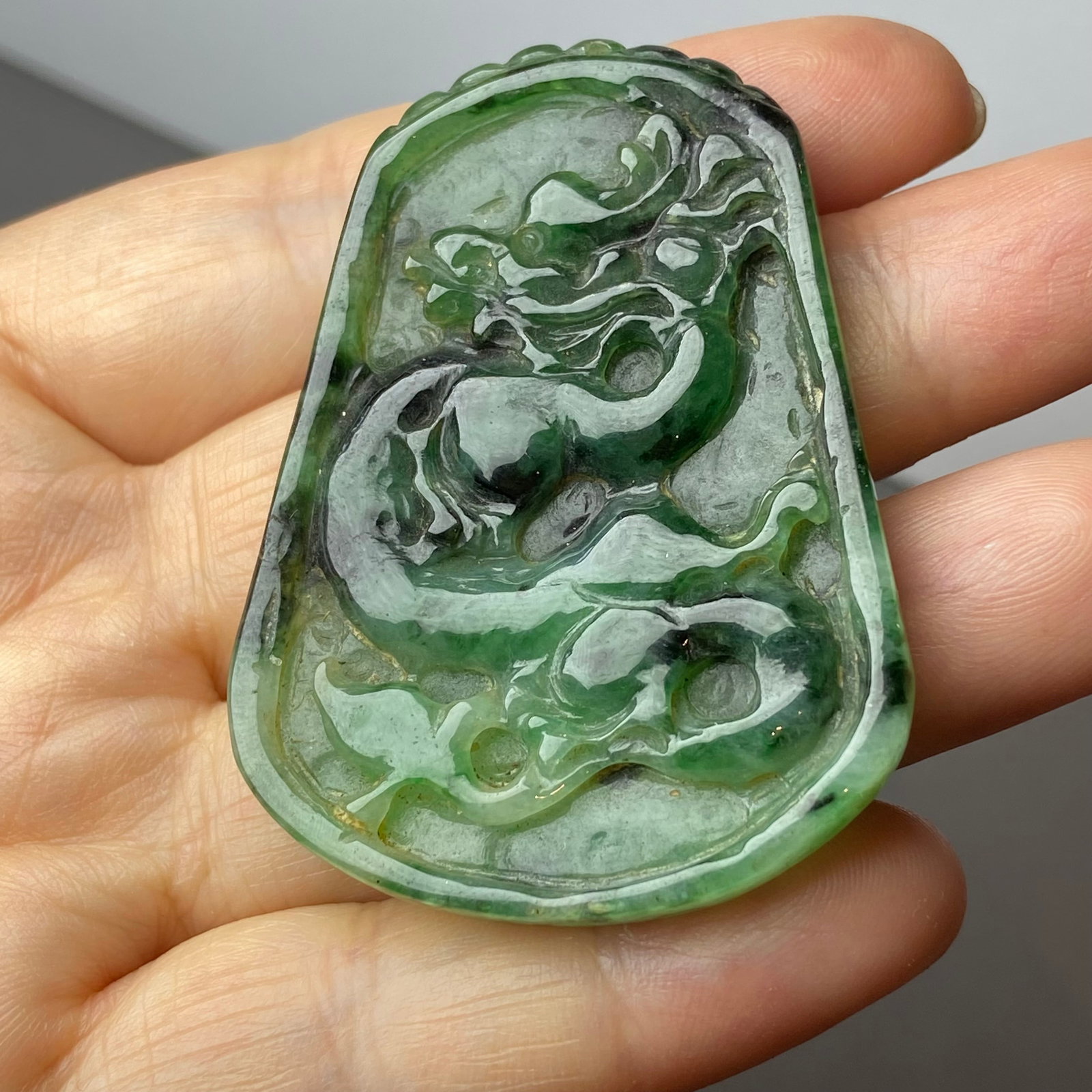 Antique Chinese Natural Dark Green Jadeite Jade Pendant carved ancient dragon - 4