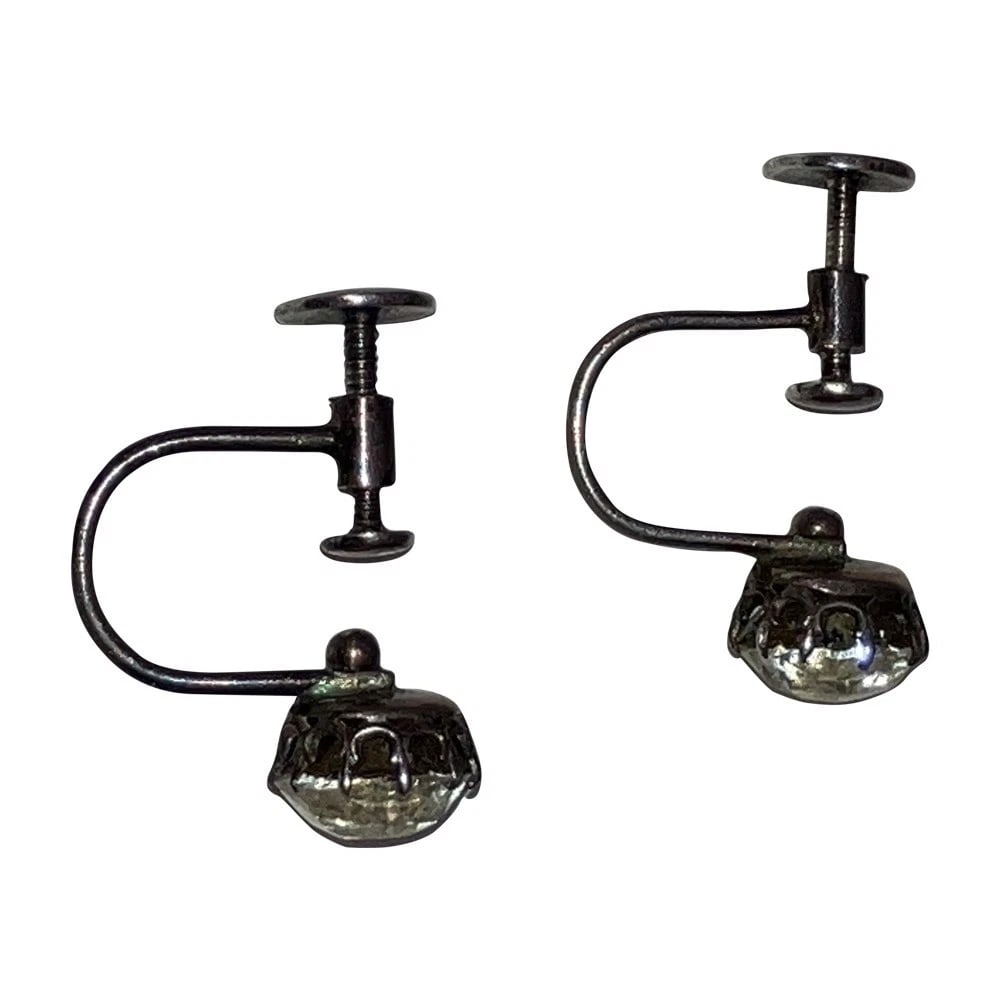 Georgian Sterling Silver French Paste Screw On Earrings - 6