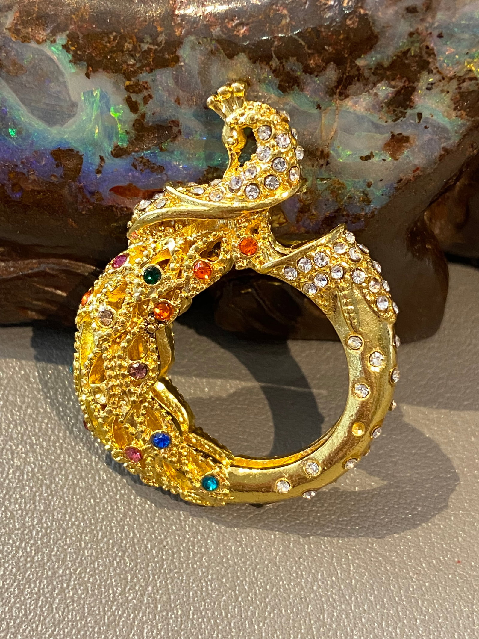 18k gold plated peacock ring/pendant ring inlaid with multiple colour crystals dressing ring - 2