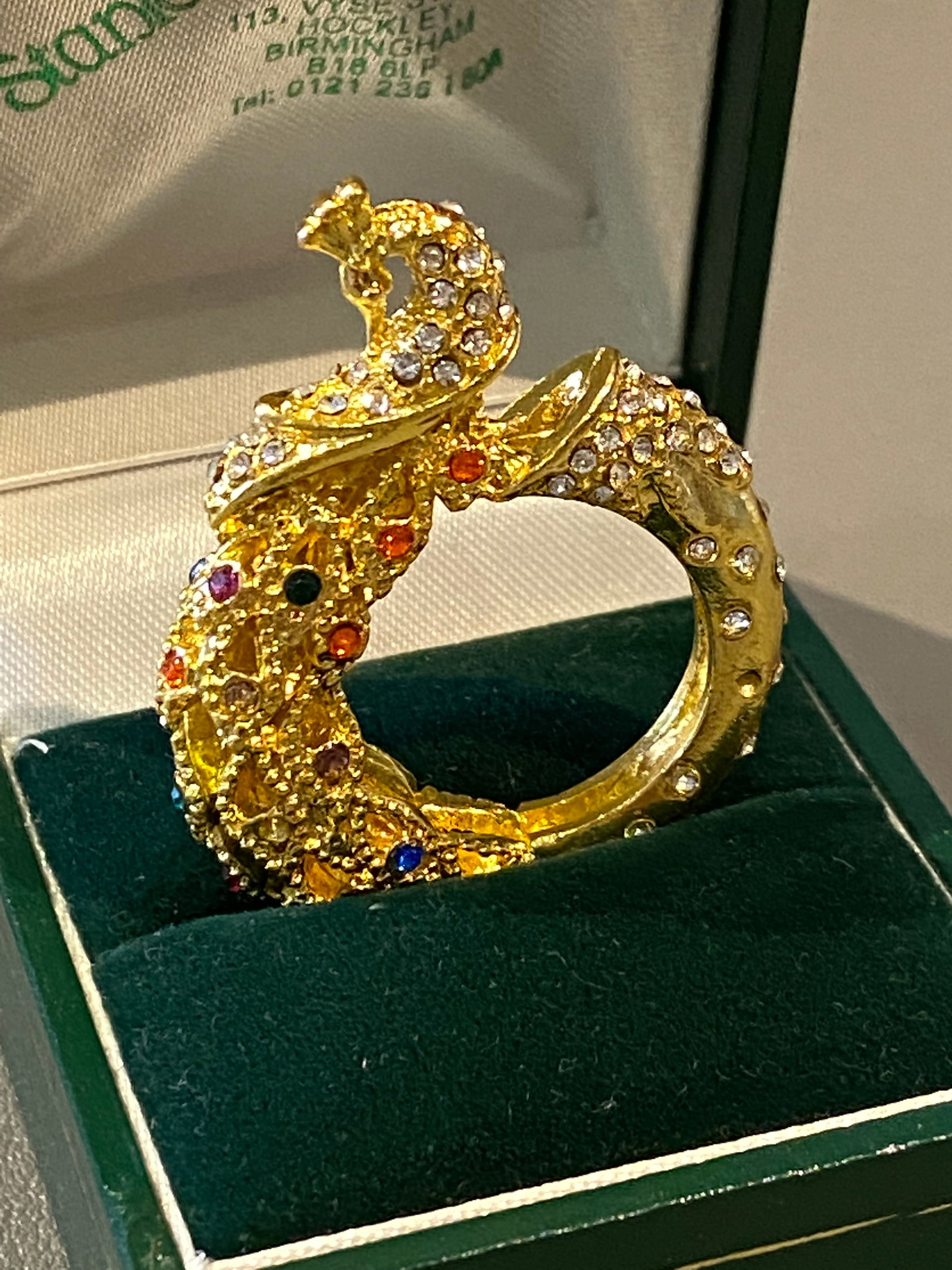 18k gold plated peacock ring/pendant ring inlaid with multiple colour crystals dressing ring - 3