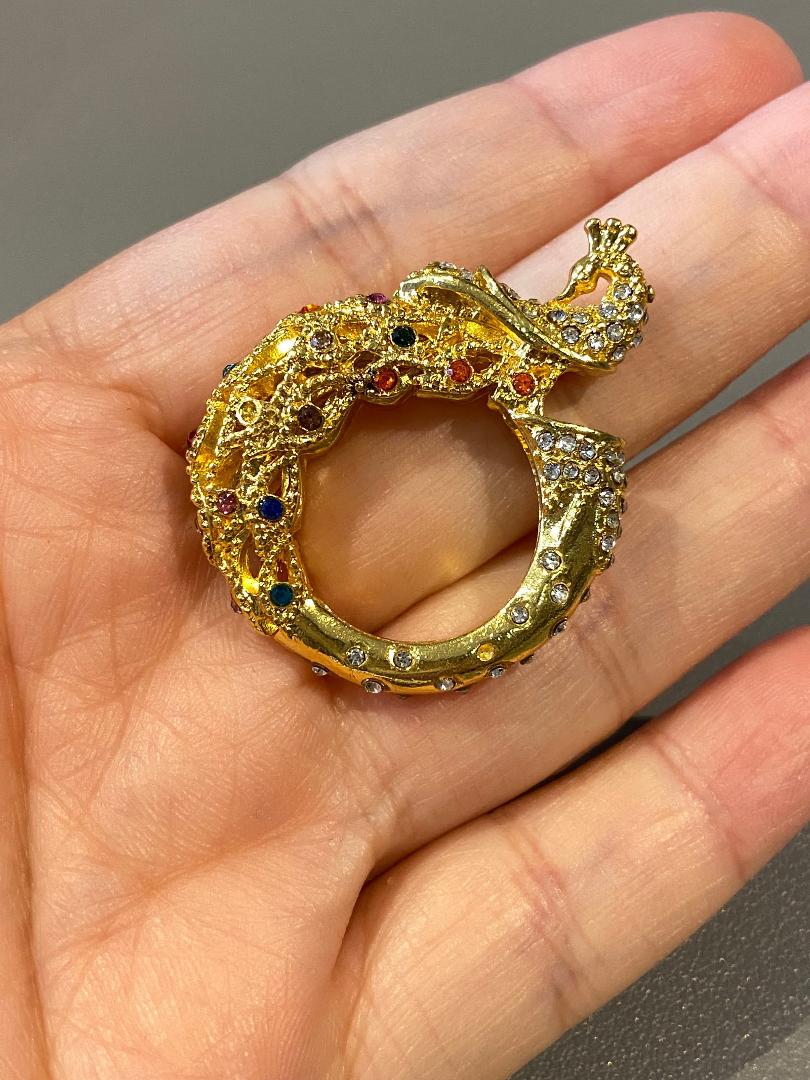 18k gold plated peacock ring/pendant ring inlaid with multiple colour crystals dressing ring - 4
