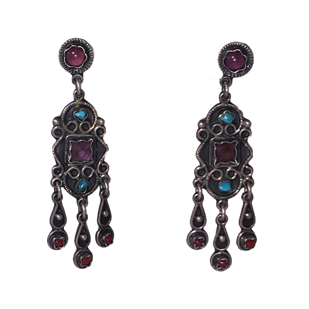 Mexican Sterling Silver Gemstone Chandelier Dangle Earrings - 2