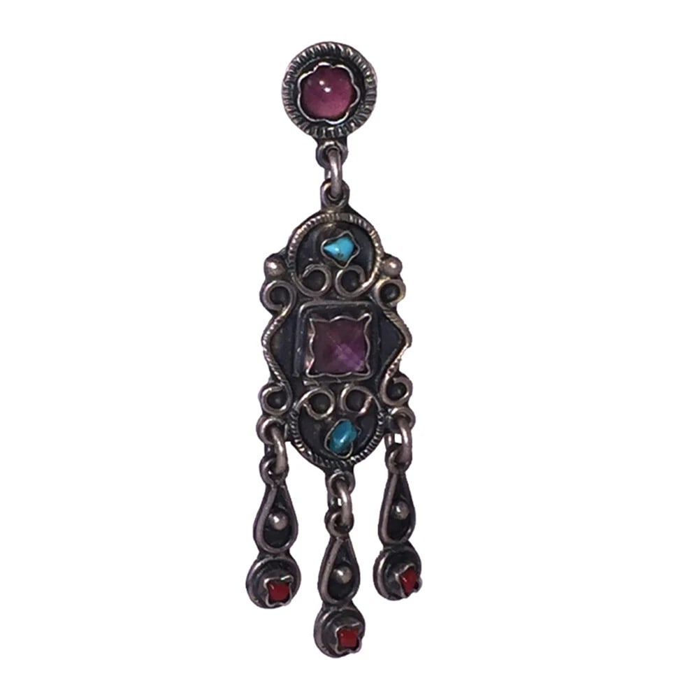 Mexican Sterling Silver Gemstone Chandelier Dangle Earrings - 3