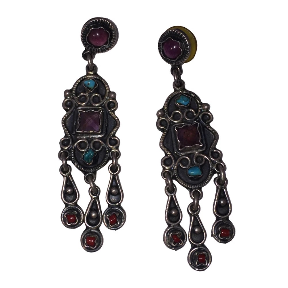 Mexican Sterling Silver Gemstone Chandelier Dangle Earrings - 4
