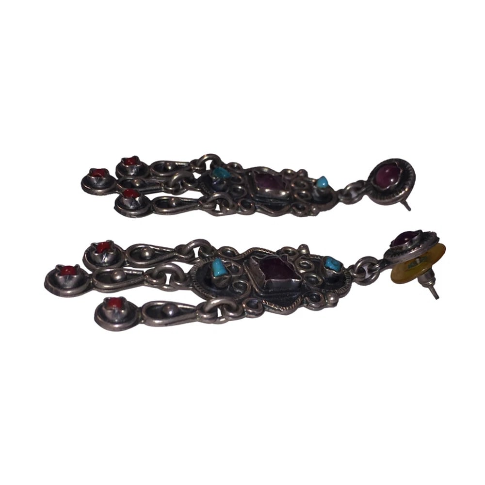 Mexican Sterling Silver Gemstone Chandelier Dangle Earrings - 5